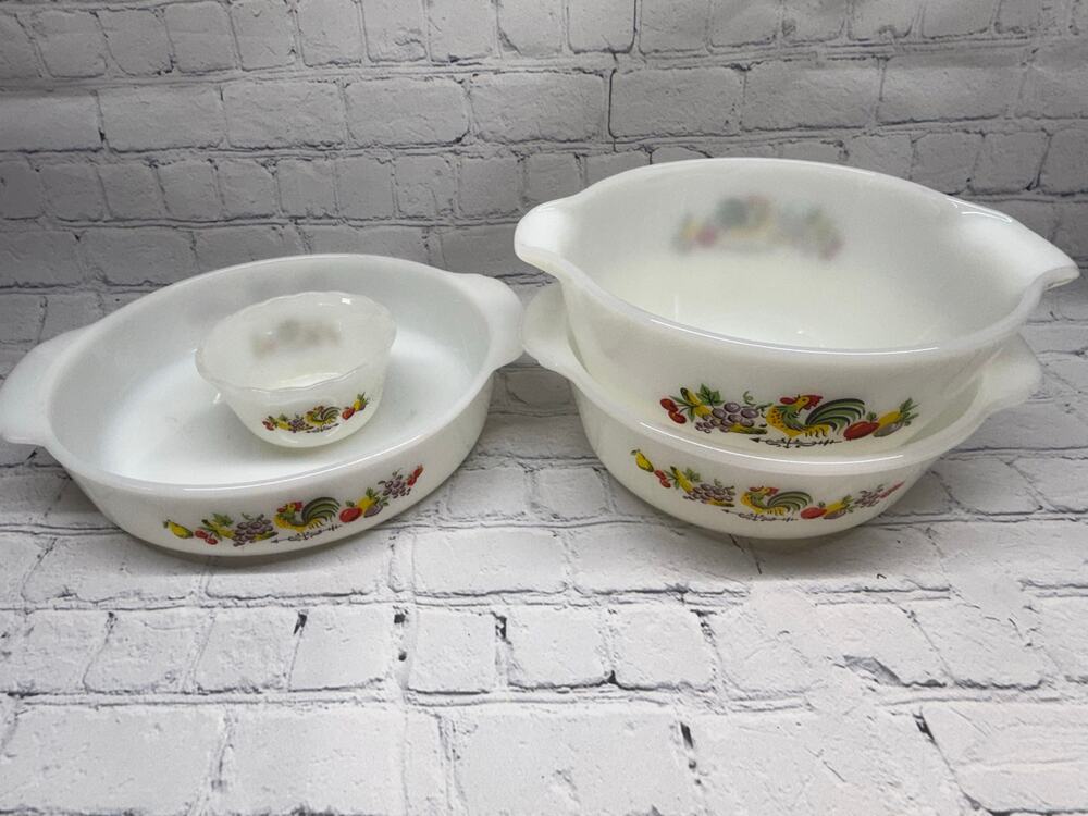 Fire‑King Milk Glass Bowl and Baking Dish Set – Rooster & Fruit Pattern Vintage